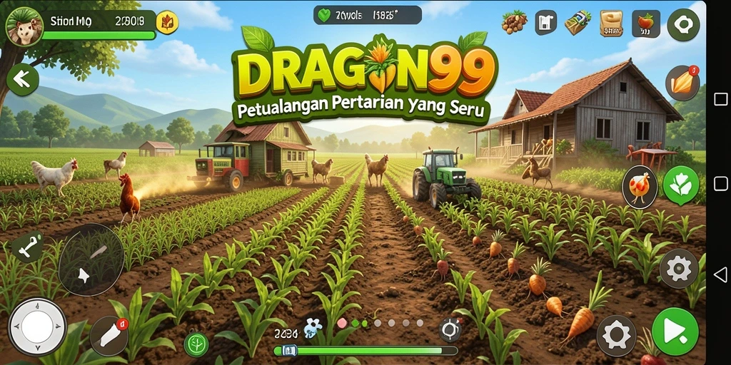 Tampilan gameplay DRAGON99 dengan berbagai tanaman dan hewan ternak.