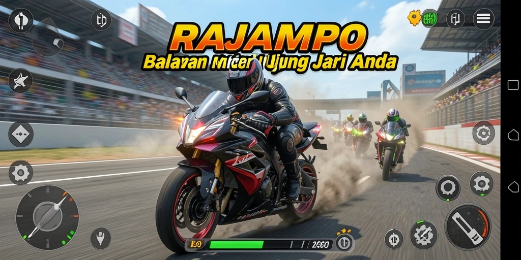 Gameplay seru dan mendebarkan dalam RAJAMPO dengan motor balap.