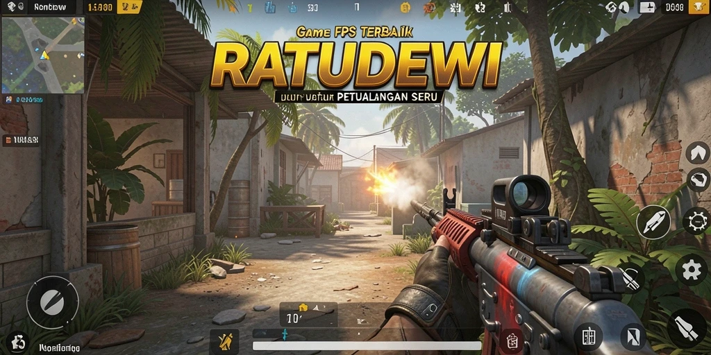 Screenshot utama dari RATUDEWI menampilkan aksi tembak-menembak yang intens di medan perang.